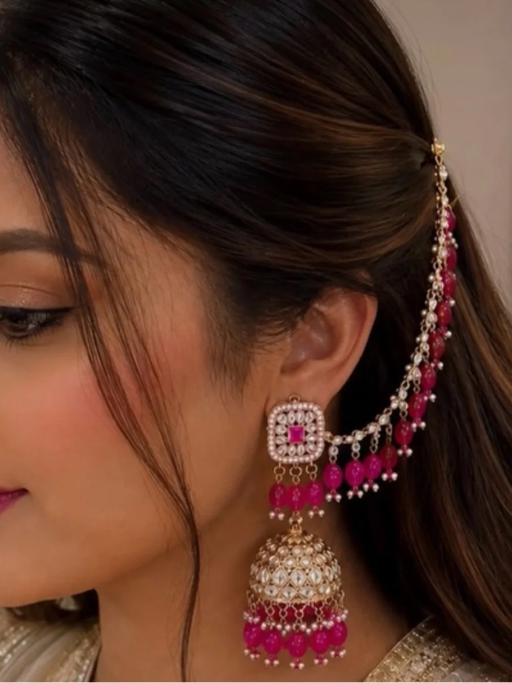 Elegant Women Jewelry Jhumka Earrings with Beaded Drops - Yellow & Pink